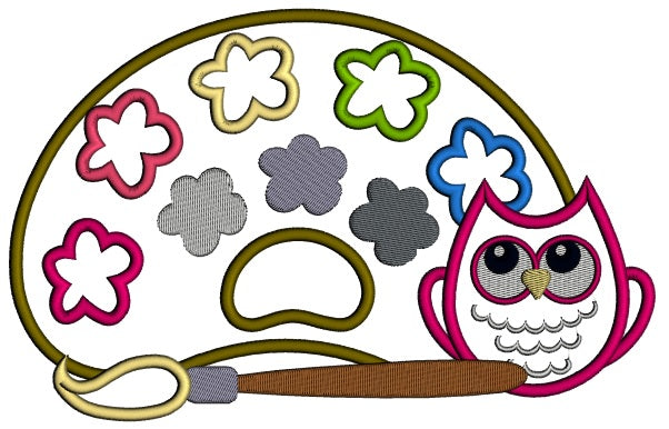 Little Owl Artist With Color Pallet and Paint Brush Applique Machine Embroidery Digitized Design Pattern