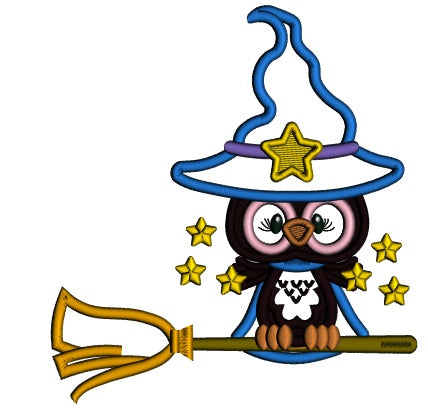 Little Owl Wizard On The Broom With Stars Applique Halloween Machine Embroidery Design Digitized Pattern
