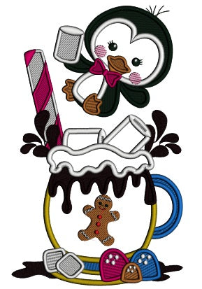 Little Penguin Drinking Hot Cocoa Christmas Applique Machine Embroidery Design Digitized Pattern