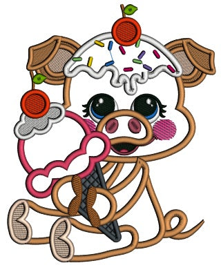 Little Pig Eating Ice Cream With Cherry On Top Food Applique Machine Embroidery Design Digitized Pattern