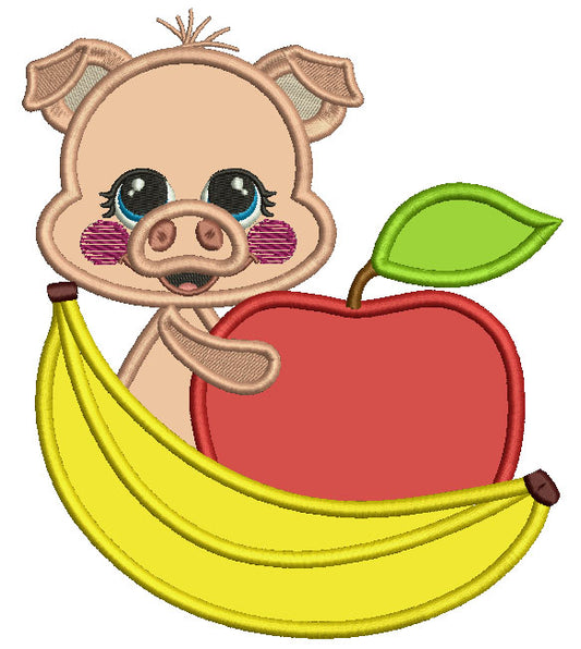 Little Pig With Apple And Banana Applique Machine Embroidery Design Digitized Pattern