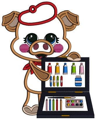 Little Piggy Artist Applique Machine Embroidery Design Digitized Pattern
