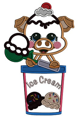 Little Piggy With Ice Cream Applique Machine Embroidery Design Digitized Pattern