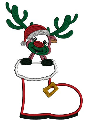 Little Reindeer Sitting Inside Santa's Boot Christmas Applique Machine Embroidery Design Digitized Pattern