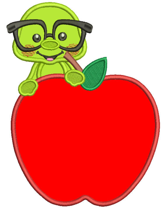 Little School Worm Sitting Inside An Apple Applique Machine Embroidery Design Digitized Pattern