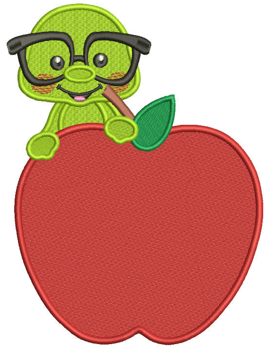 Little School Worm Sitting Inside An Apple Filled Machine Embroidery Design Digitized Pattern