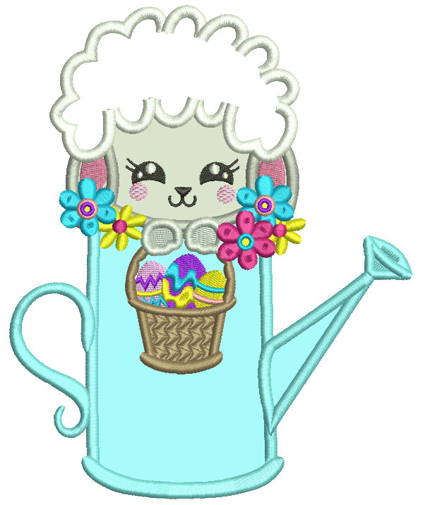 Little Sheep Sitting Inside a Watering Can Easter Applique Machine Embroidery Design Digitized Pattern