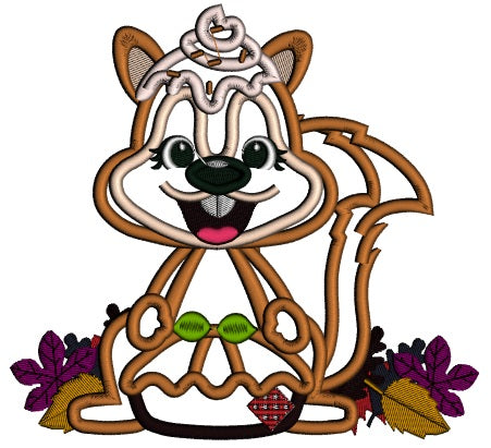 Little Squirrel Holding Pumpkin Pie Thanksgiving Applique Machine Embroidery Design Digitized Pattern