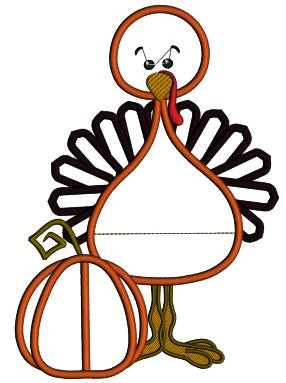 Little Turkey Boy Standing Next to Pumpkin Thanksgiving Applique Machine Embroidery Digitized Design Pattern