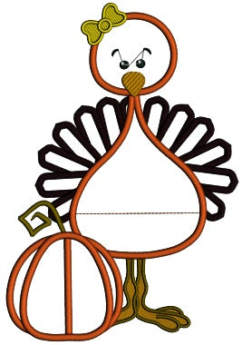 Little Turkey Girl Standing Next to Pumpkin Thanksgiving Applique Machine Embroidery Digitized Design Pattern