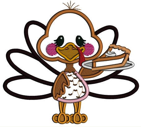 Little Turkey Holding Piece Of Pumpkin Pie Fall Applique Thanksgiving Machine Embroidery Design Digitized Pattern