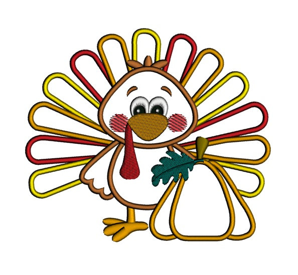Little Turkey with Pumpkin Applique Machine Embroidery Digitized Design Pattern
