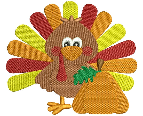 Little Turkey with Pumpkin Filled Machine Embroidery Digitized Design Pattern