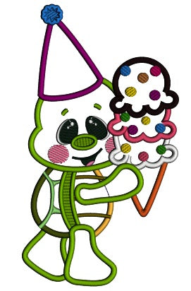 Little Turtle Holding Ice Cream Cone And Wearing Birthday Hat Applique Machine Embroidery Design Digitized Pattern