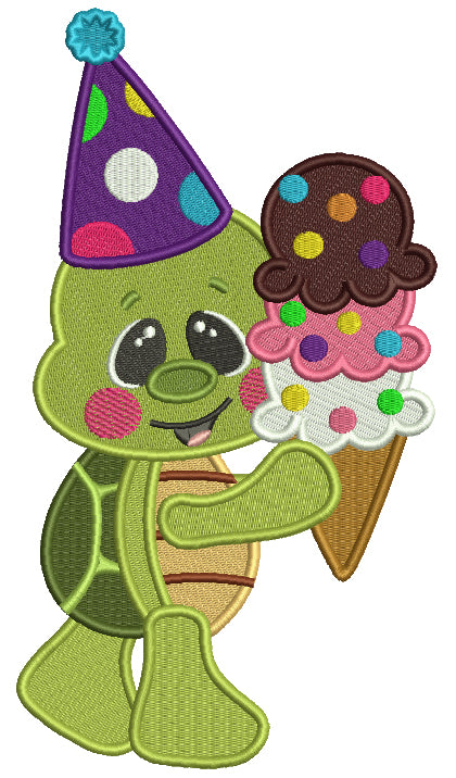 Little Turtle Holding Ice Cream Cone And Wearing Birthday Hat Filled Machine Embroidery Design Digitized Pattern