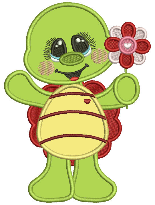 Little Turtle Holding a Flower Valentine’s Day Applique Machine Embroi