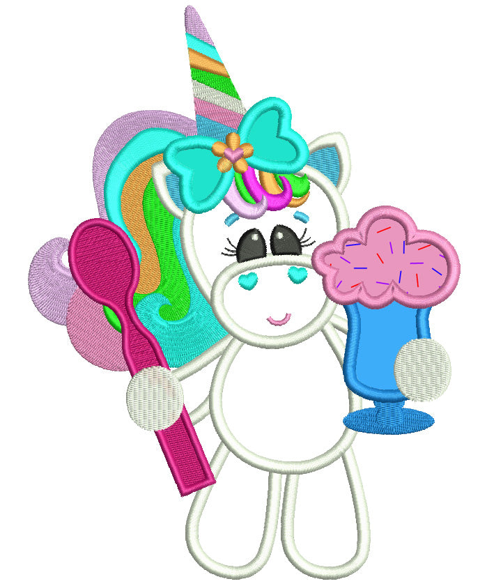 Little Unicorn Eating Ice cream Applique Machine Embroidery Design Digitized Pattern
