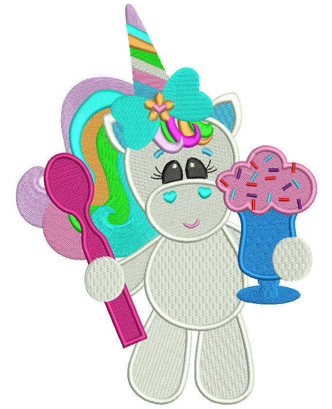 Little Unicorn Eating Ice cream Filled Machine Embroidery Design Digitized Pattern