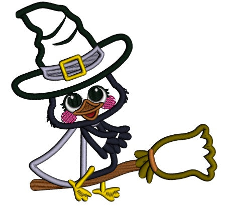 Little Witch Crow On The Broom Applique Halloween Machine Embroidery Design Digitized Pattern