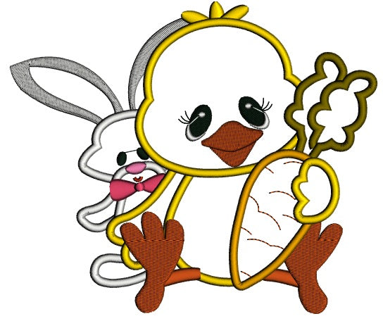 Little chick with a bunny rabbit Easter Applique Machine Embroidery Digitized Design Pattern