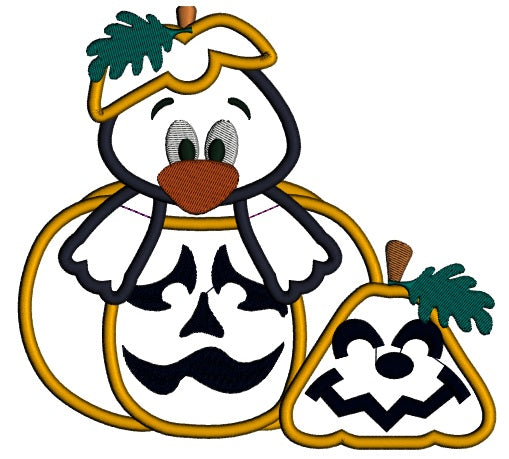 Little Crow Sitting Inside Pumpkin Halloween Applique Machine Embroidery Design Digitized Pattern