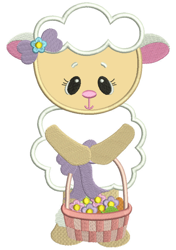 Little Lamb With Flowers Easter Applique Machine Embroidery Design Digitized Pattern