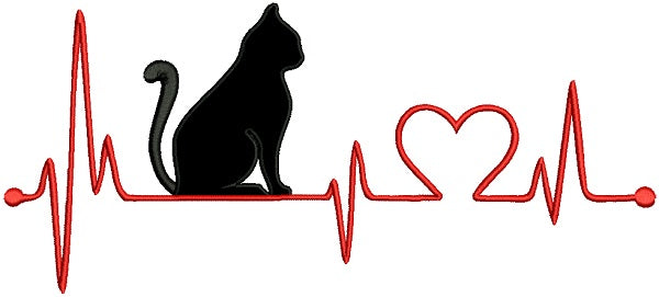 Love Cat EKG Heartbeat Applique Machine Embroidery Design Digitized Pattern