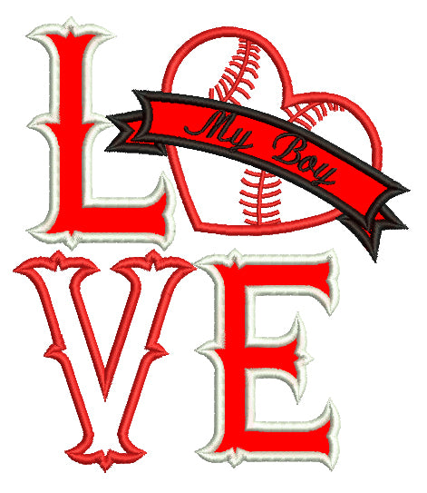 Love My Boy Baseball Heart Applique Machine Embroidery Digitized Design Pattern