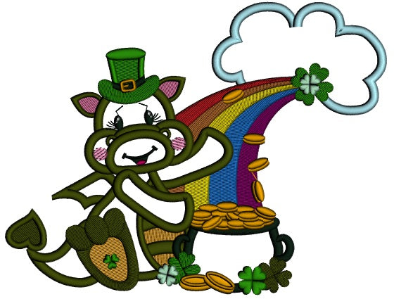 Lucky Dragon With A Rainbow And a Pot Of Gold St. Patrick's Day Applique Machine Embroidery Design Digitized Pattern