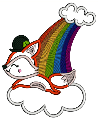 Lucky Fox Sitting On The Cloud Rainbow St. Patrick's Day Applique Machine Embroidery Design Digitized Pattern