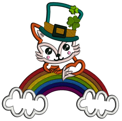 Lucky Fox Sitting on The Rainbow St. Patrick's Day Applique Machine Embroidery Design Digitized Pattern