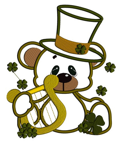 Lucky Irish Bear With Harp Shamrock Hat St Patricks Applique Machine Embroidery Digitized Design Pattern