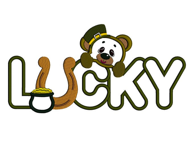 Lucky Irish Big Smile Bear With Horseshoe and pot of gold St Patricks Applique Machine Embroidery Digitized Design Pattern