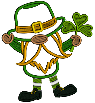 Lucky Leprechaun Holding Shemrock St. Patrick's Day Applique Machine Embroidery Design Digitized Pattern