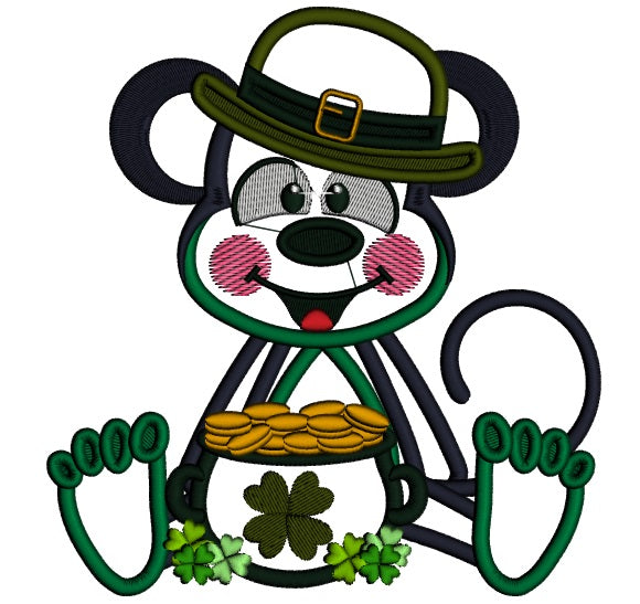 Lucky Monkey With a Pot Of Gold St. Patrick's Applique Machine Embroidery Design Digitized