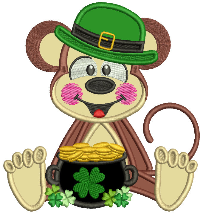 Lucky Monkey With a Pot Of Gold St. Patrick's Applique Machine Embroidery Design Digitized