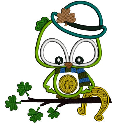 Lucky Owl Holding Horseshoe St. Patrick's Day Applique Machine Embroidery Design Digitized Pattern