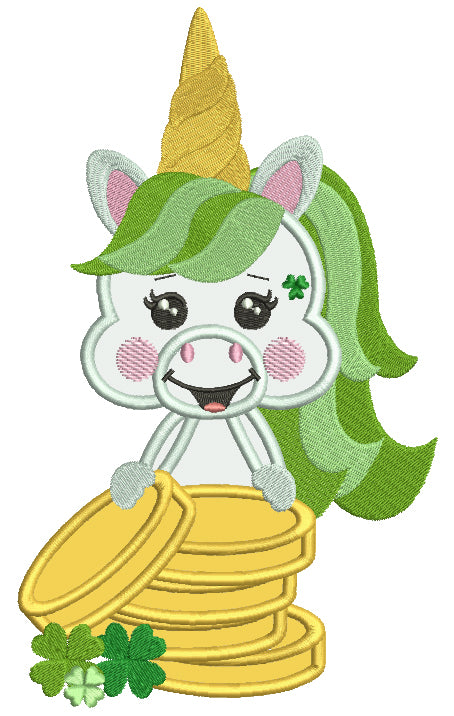 Lucky Unicorn With Gold Coins St. Patrick's Day Applique Machine Embroidery Design Digitized Pattern