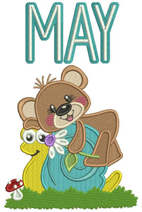 MAY Cute Bear And a Snail Filled Machine Embroidery Design Digitized Pattern