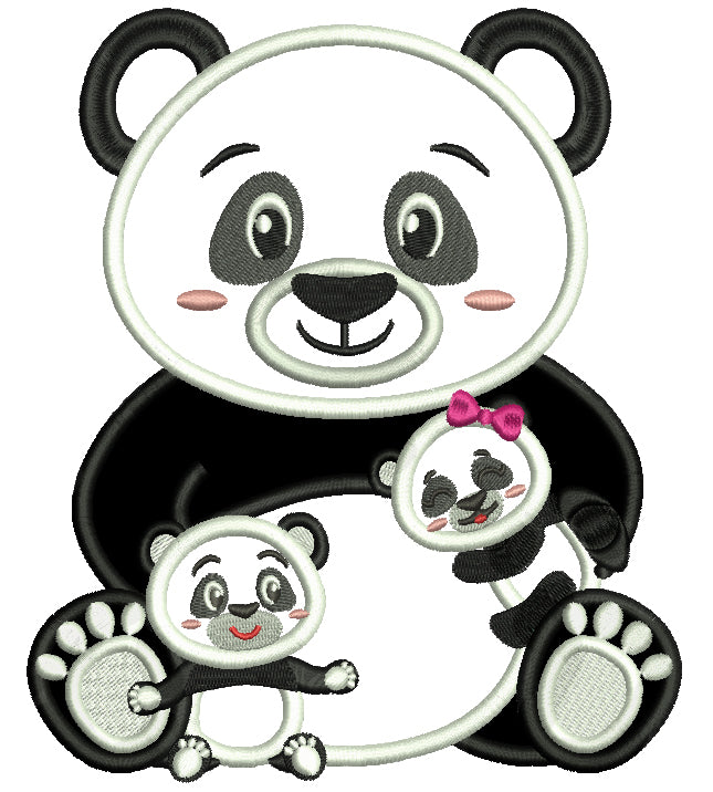 Mama Panda Holding Two Babie Pandas Applique Machine Embroidery Design Digitized Pattern