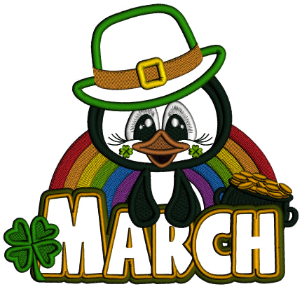 March Penguin Wearing a Big Hat St. Patrick's Day Applique Machine Embroidery Design Digitized Pattern