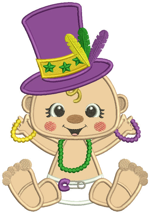Mardi Gras Baby Holding Beads Applique Machine Embroidery Design Digitized Pattern