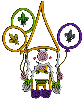 Mardi Gras Gnome Holding Balloons Applique Machine Embroidery Design Digitized Pattern