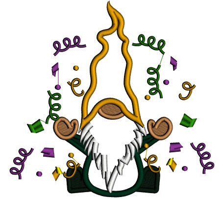 Mardi Gras Gnome With Lots of Confetti Applique Machine Embroidery Design Digitized Pattern