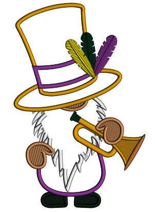 Mardi Gras Gnome With a Trumpet Applique Machine Embroidery Design Digitized Pattern