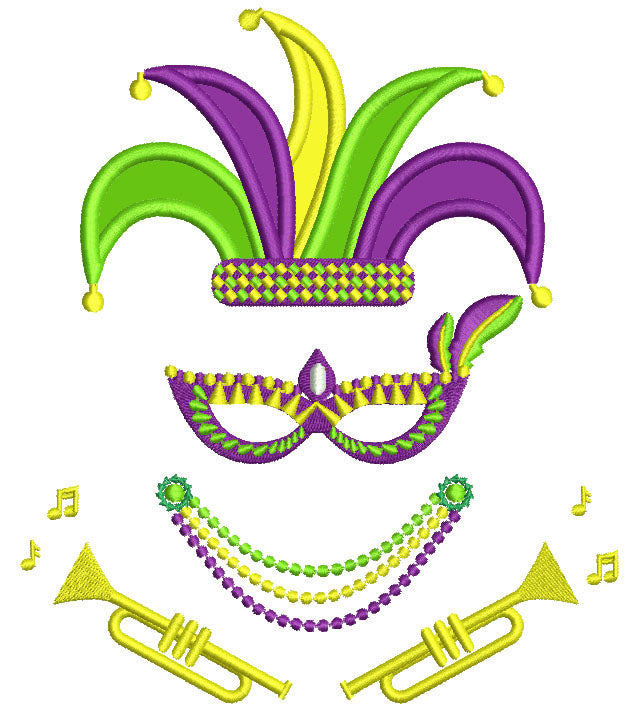 Mardi Gras Jester Hat Beads and Trumpet Applique Machine Embroidery Design Digitized Pattern