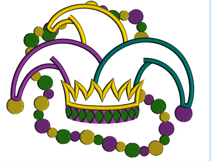 Mardi Gras Jester Hat With Beads Applique Machine Embroidery Design Digitized Pattern