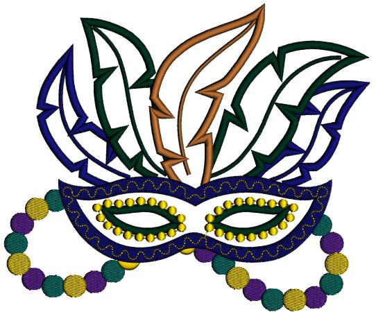 Mardi Gras Mask With Beads and Feathers Applique Machine Embroidery Digitized Design Pattern