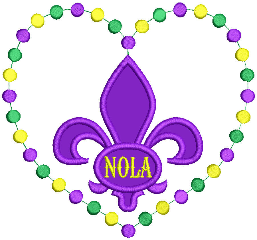 Mardi Gras Heart Shaped NOLA Fleur de lis Applique Machine Embroidery Design Digitized Pattern