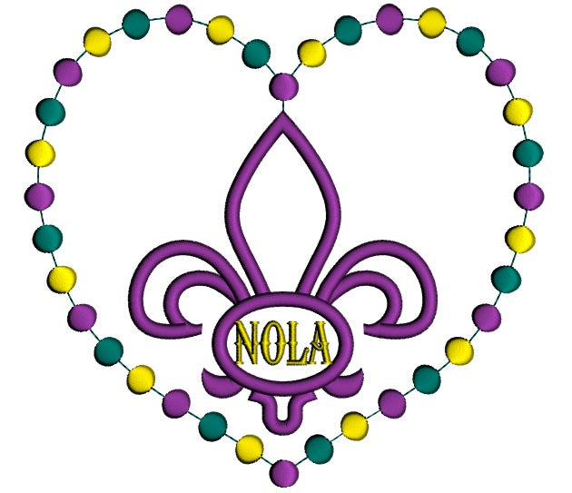 Mardi Gras Heart Shaped NOLA Fleur de lis Applique Machine Embroidery Design Digitized Pattern